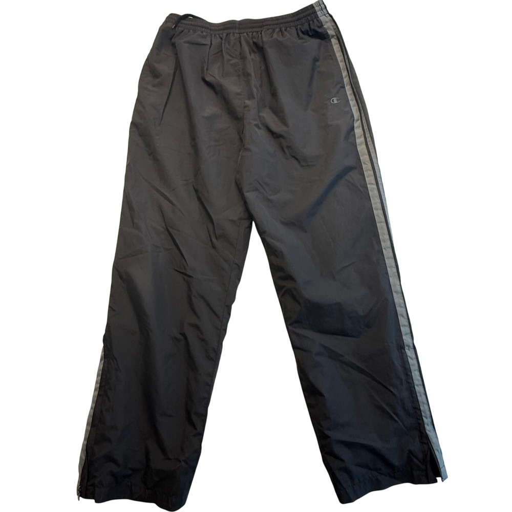 Champion Fleece Lined Track Pants Mens XL Black Side Stripe AnkleZip Windbreaker